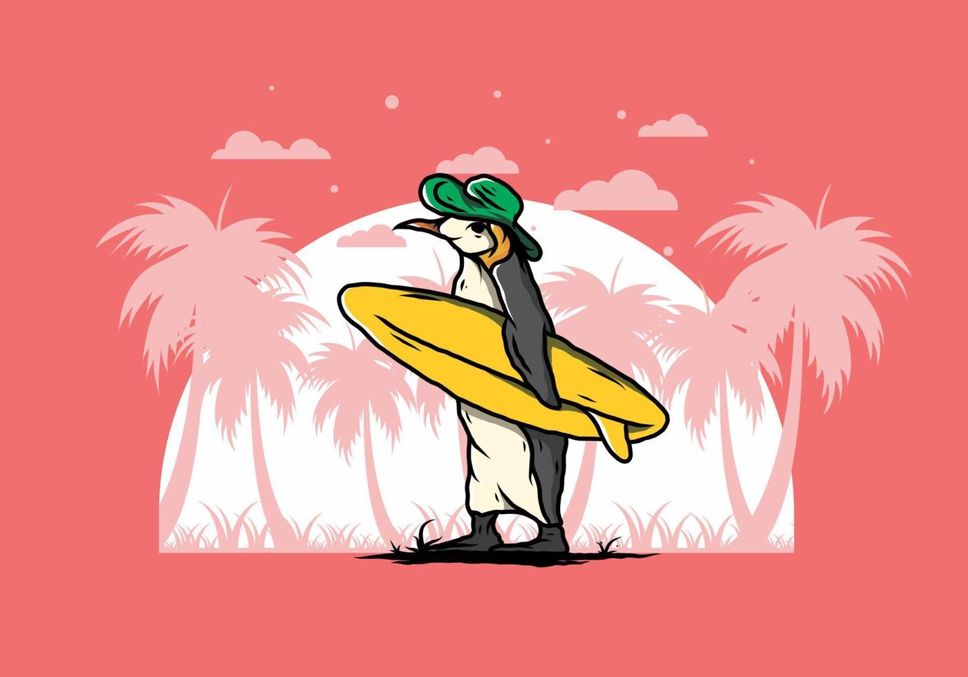 pingüino lindo que lleva una tabla de surf en la ilustración de la playa vector