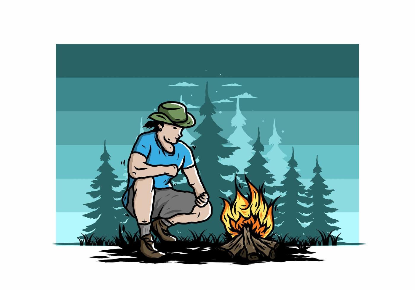 A man is lighting a bonfire illustration vector