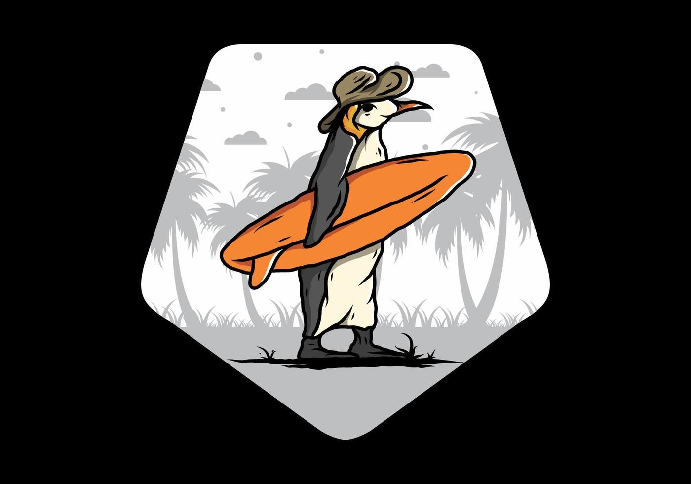 pingüino lindo que lleva una tabla de surf en la ilustración de la playa vector