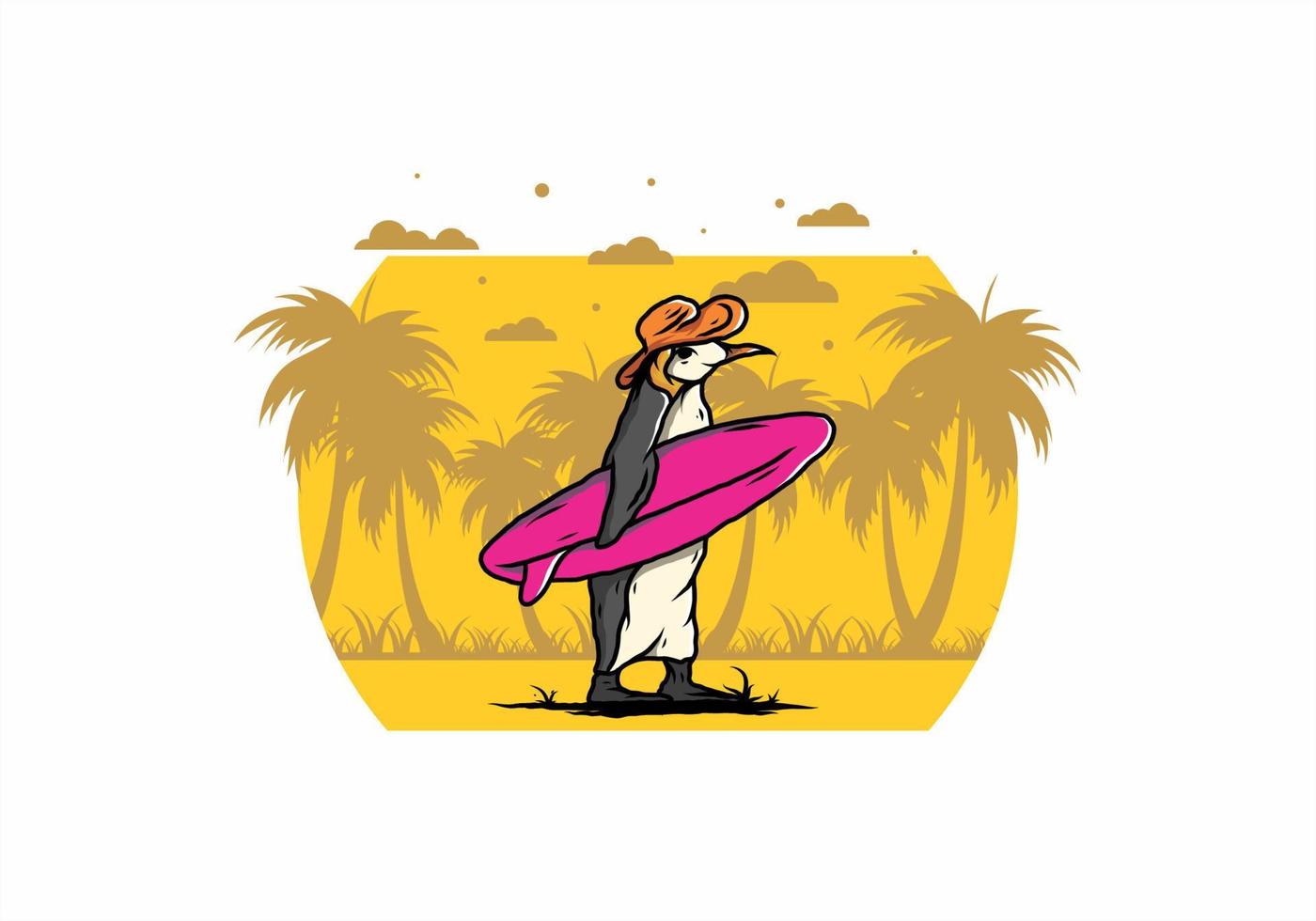 pingüino lindo que lleva una tabla de surf en la ilustración de la playa vector