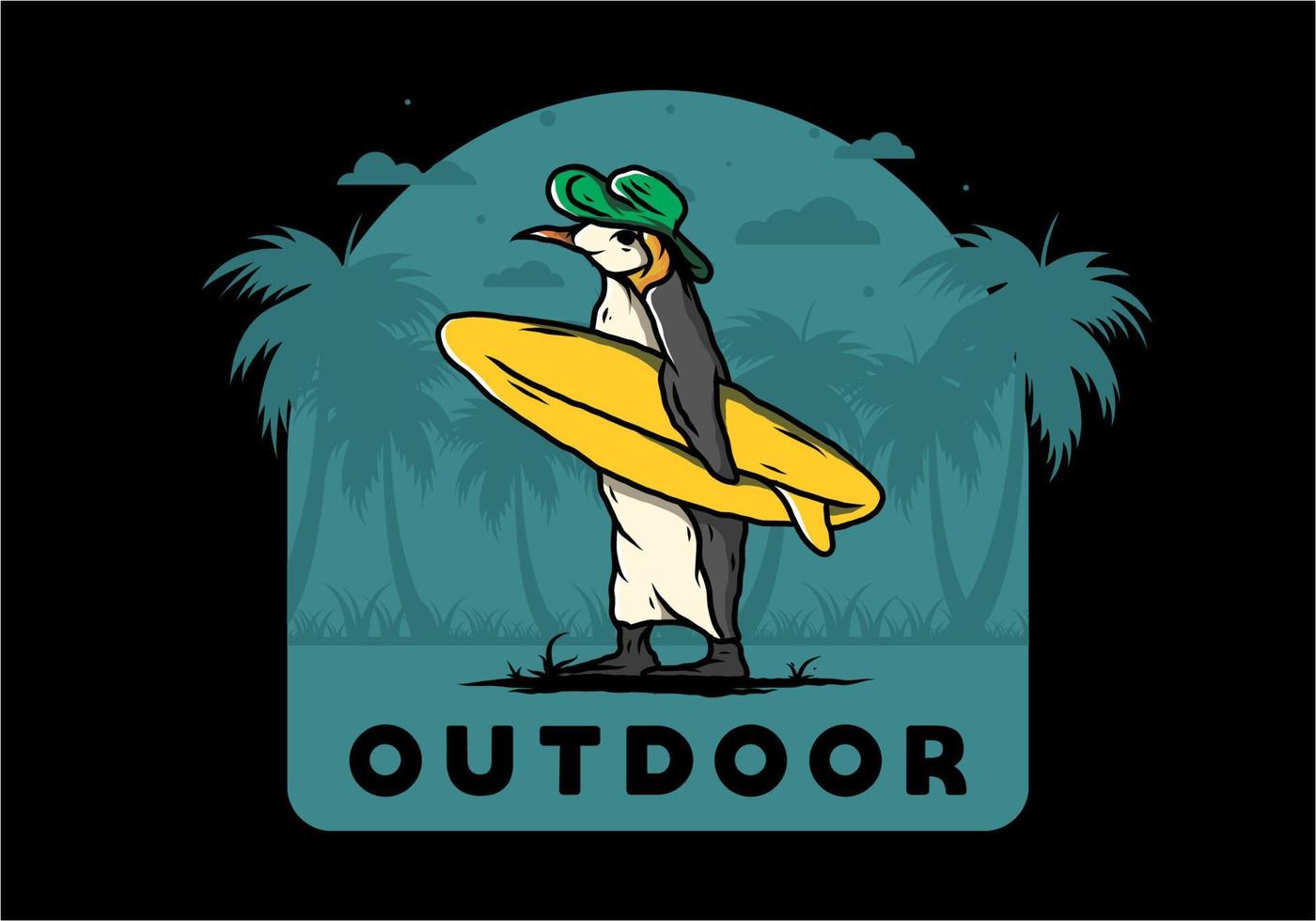 Cute penguin carrying a surfboard on the beach illustration vector