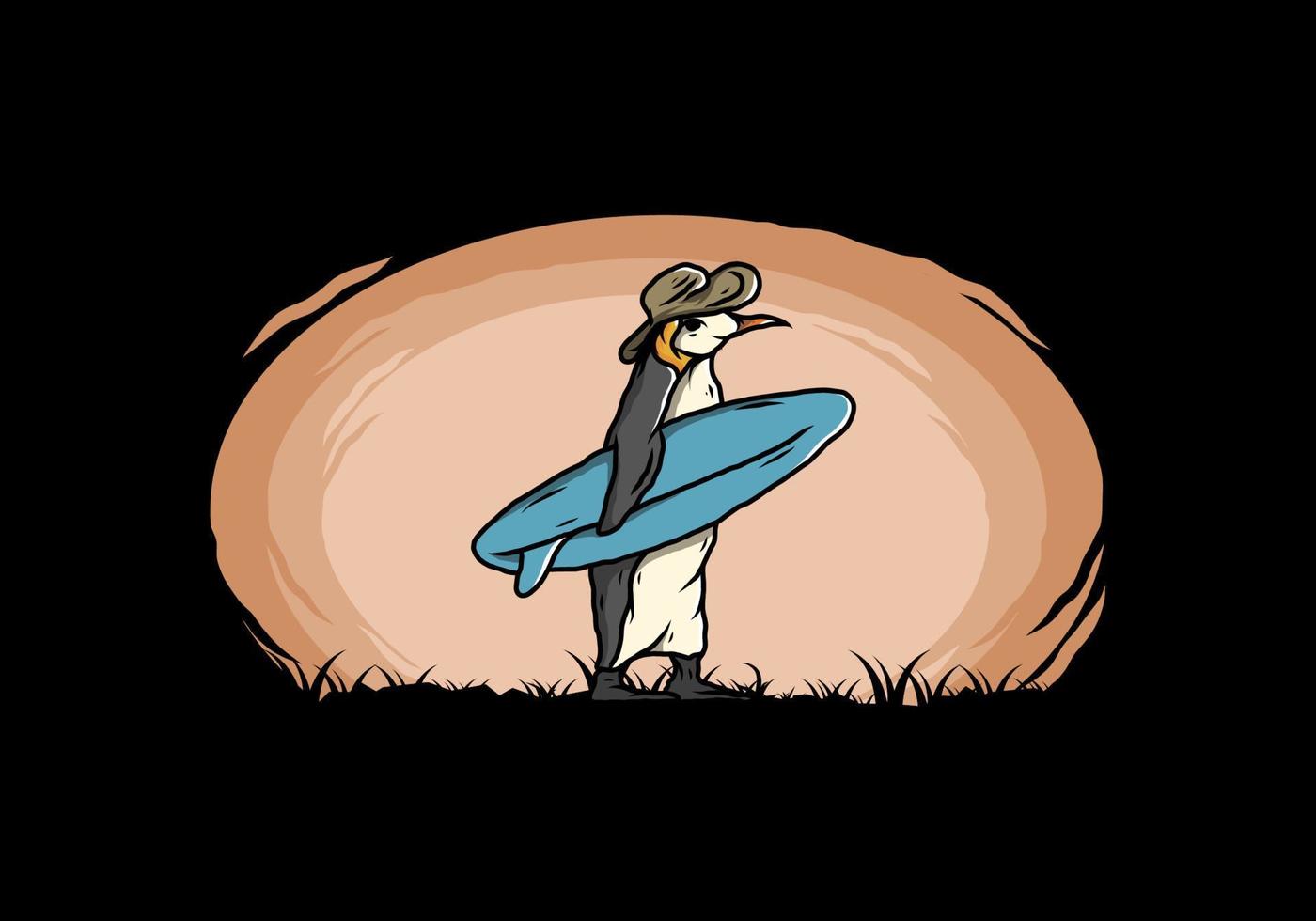 pingüino lindo que lleva una tabla de surf en la ilustración de la playa vector