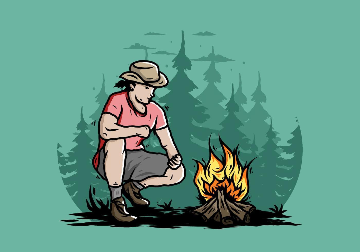 A man is lighting a bonfire illustration vector