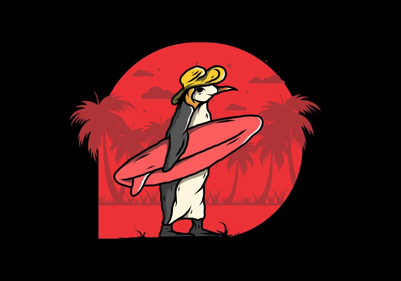 pingüino lindo que lleva una tabla de surf en la ilustración de la playa vector