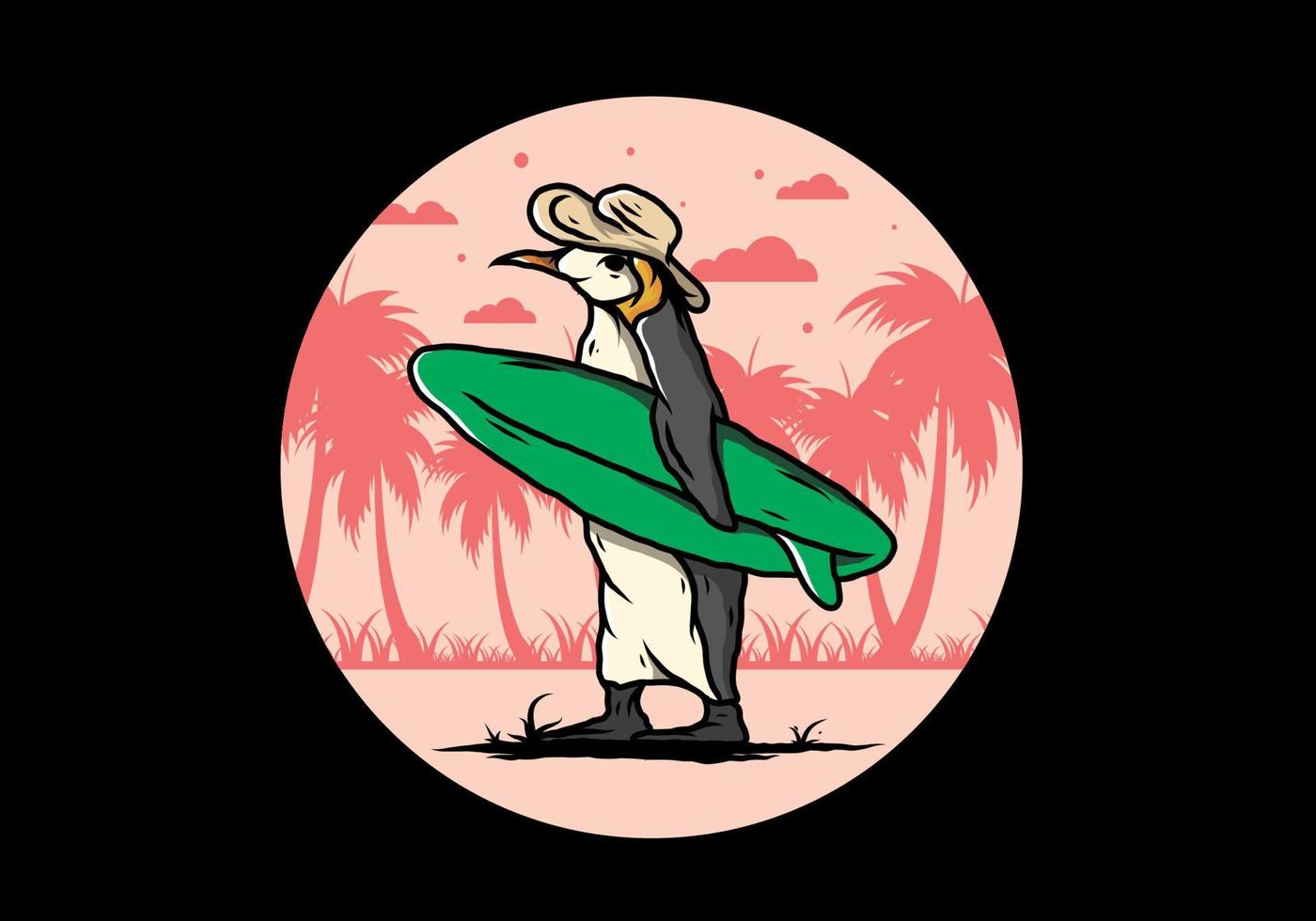 Cute penguin carrying a surfboard on the beach illustration vector