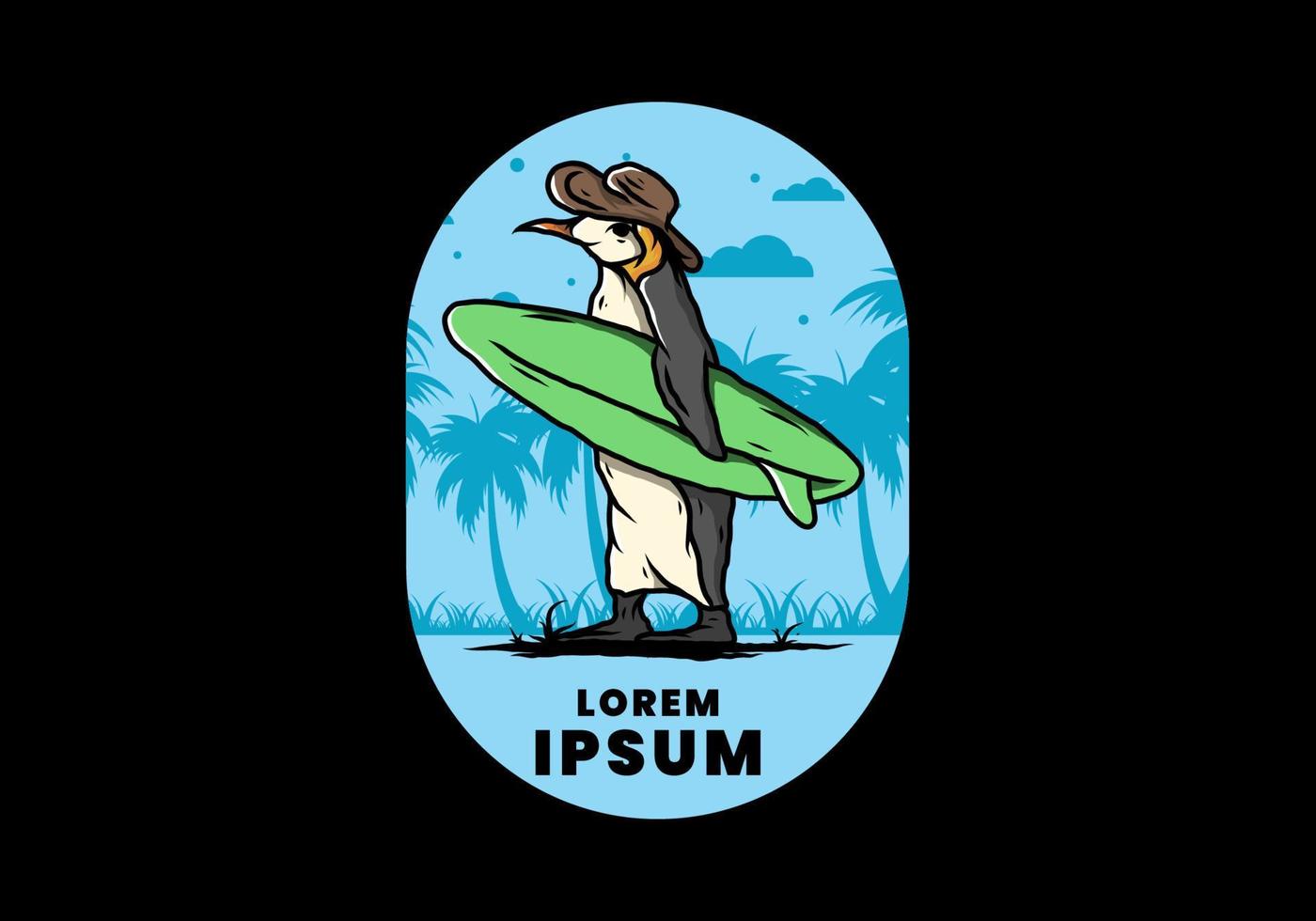 pingüino lindo que lleva una tabla de surf en la ilustración de la playa vector