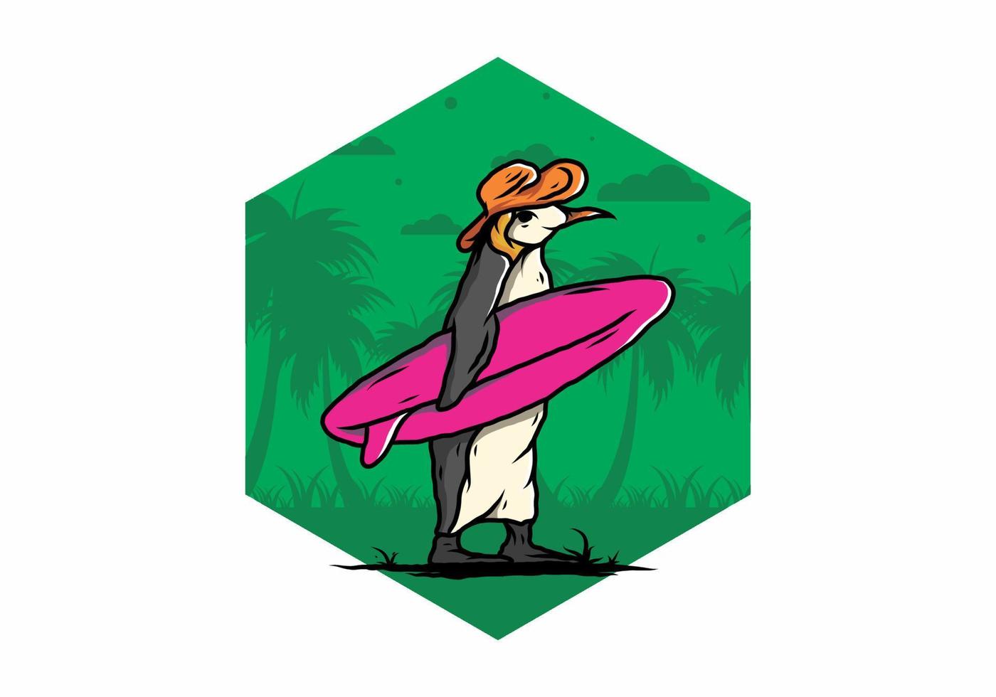 pingüino lindo que lleva una tabla de surf en la ilustración de la playa vector