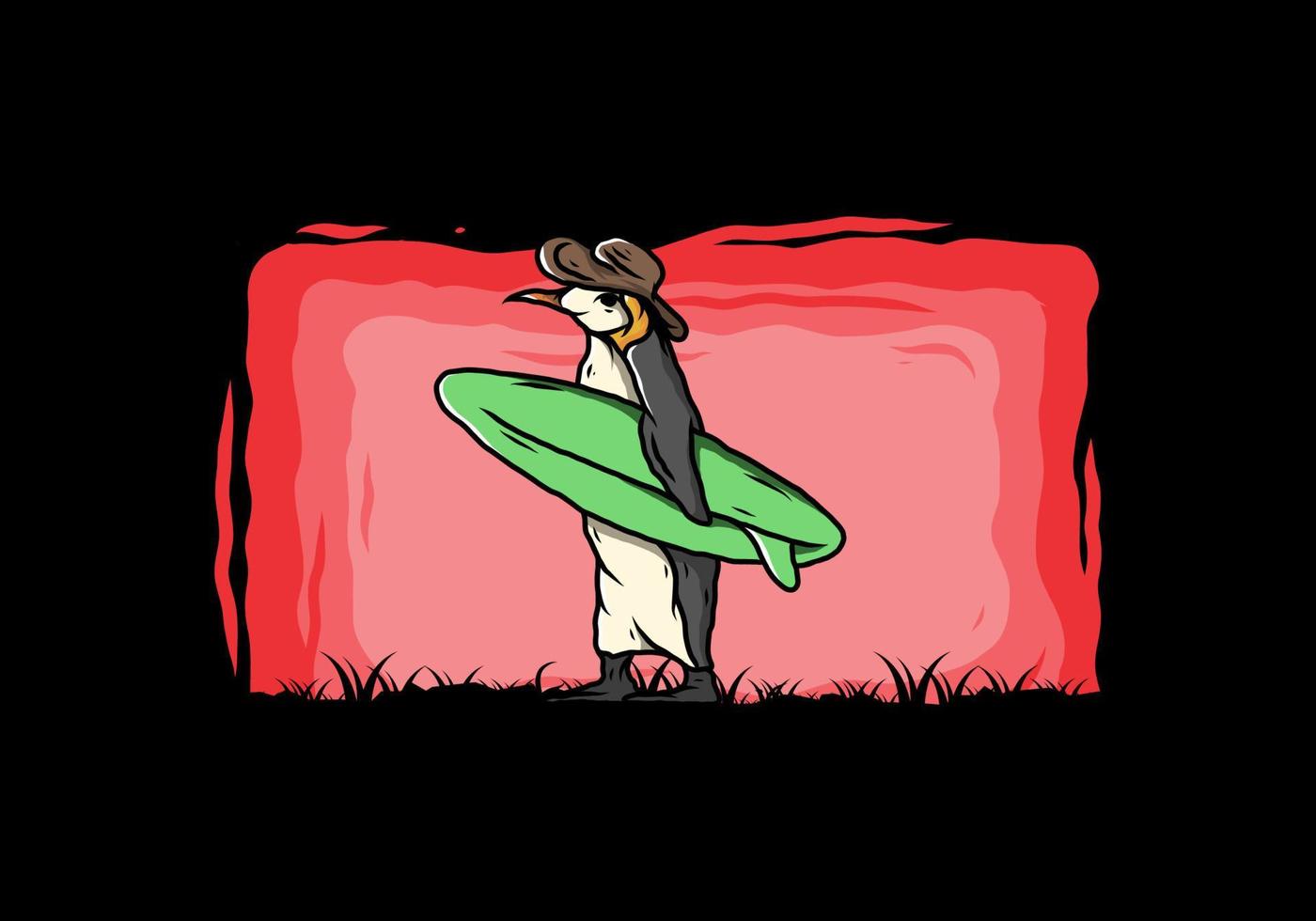 Cute penguin carrying a surfboard on the beach illustration vector