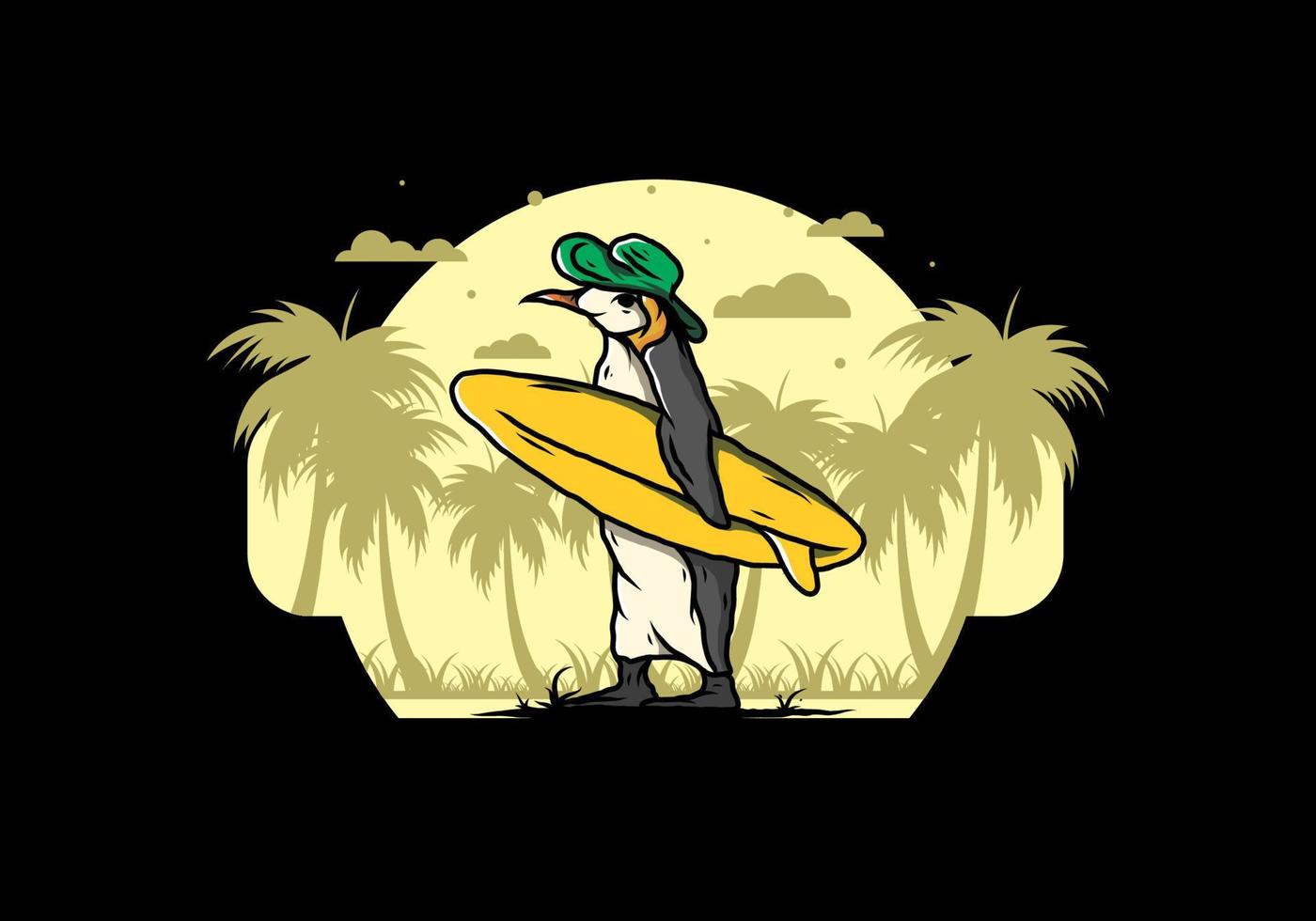 pingüino lindo que lleva una tabla de surf en la ilustración de la playa vector