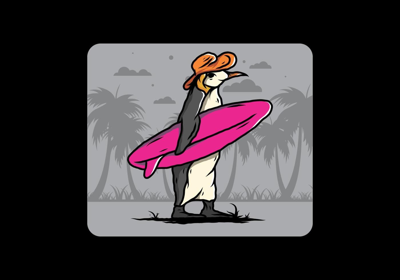 pingüino lindo que lleva una tabla de surf en la ilustración de la playa vector