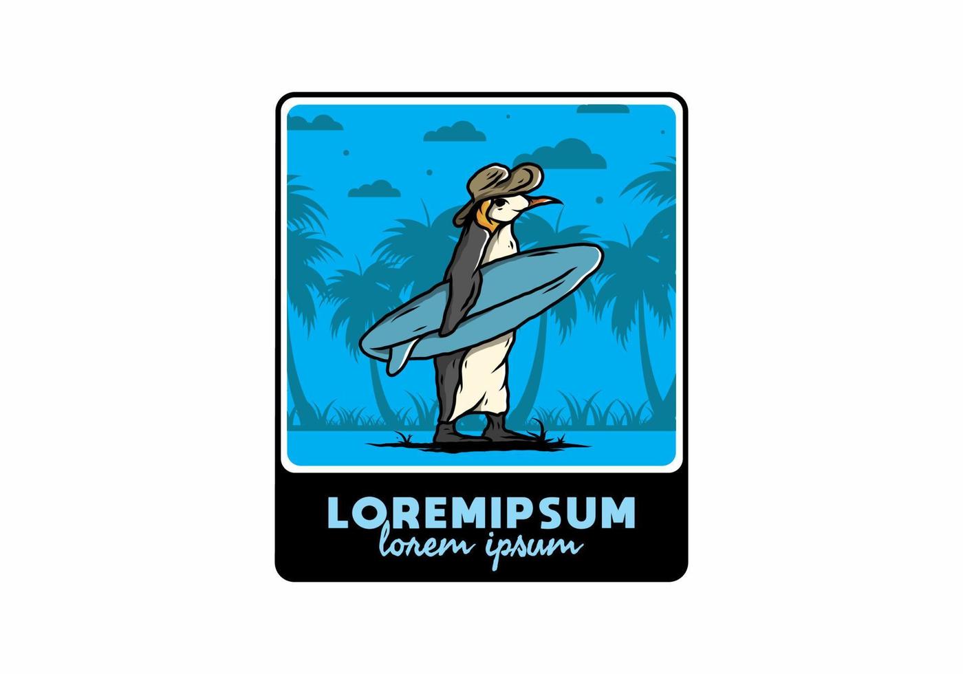 Cute penguin carrying a surfboard on the beach illustration vector