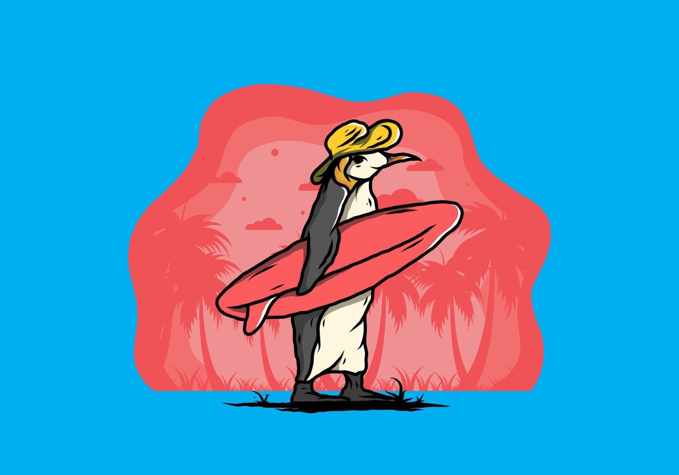 Cute penguin carrying a surfboard on the beach illustration vector