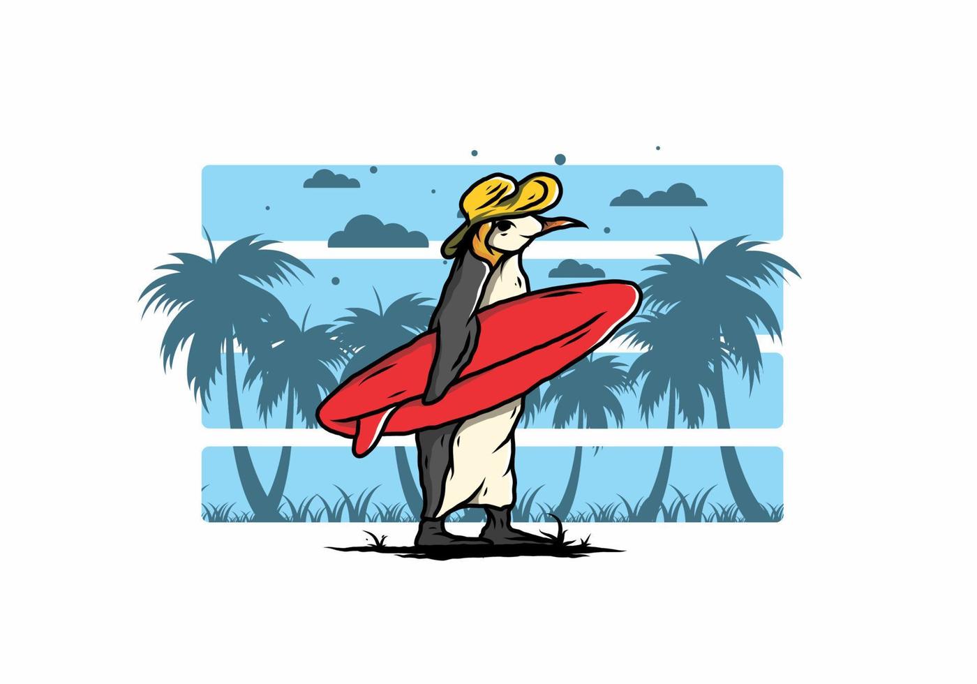 pingüino lindo que lleva una tabla de surf en la ilustración de la playa vector