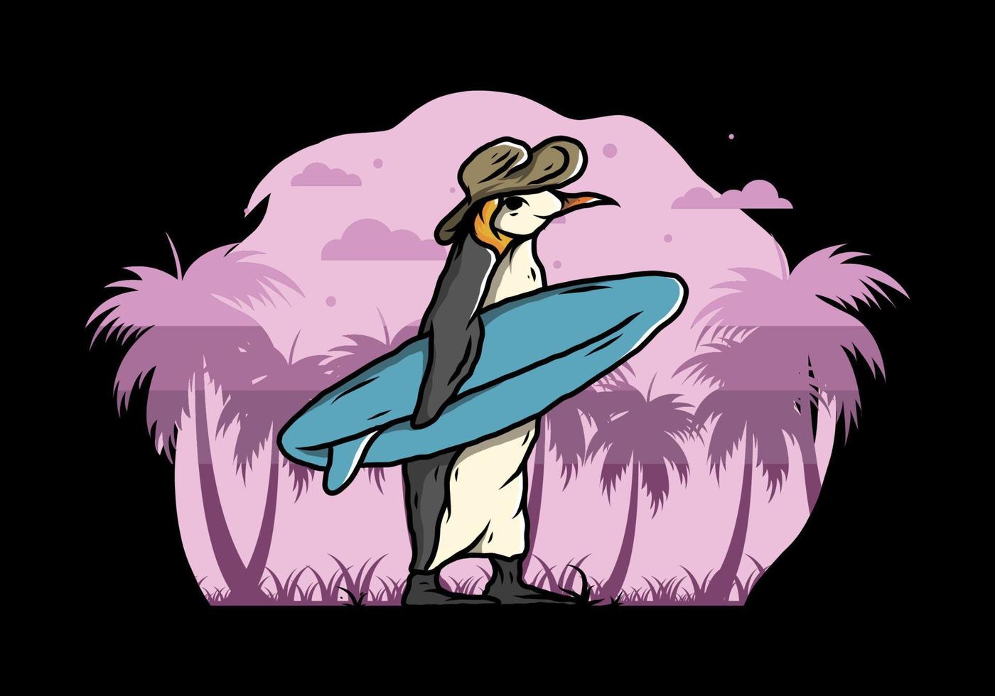 pingüino lindo que lleva una tabla de surf en la ilustración de la playa vector