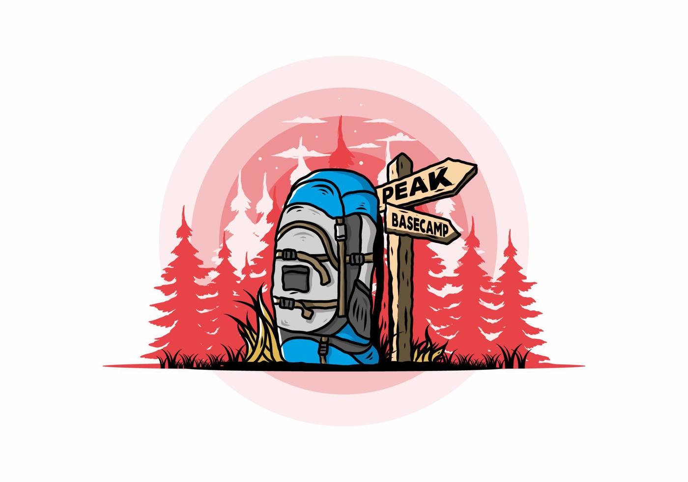 bolsa de montaña al lado de la ilustración de signo de camino vector