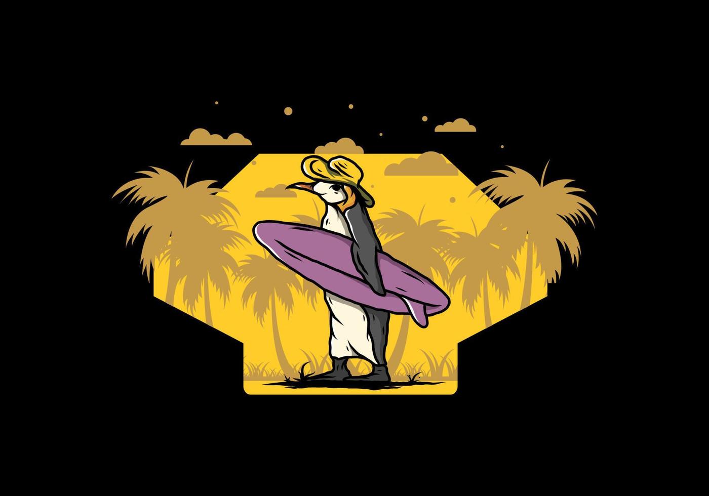 Cute penguin carrying a surfboard on the beach illustration vector