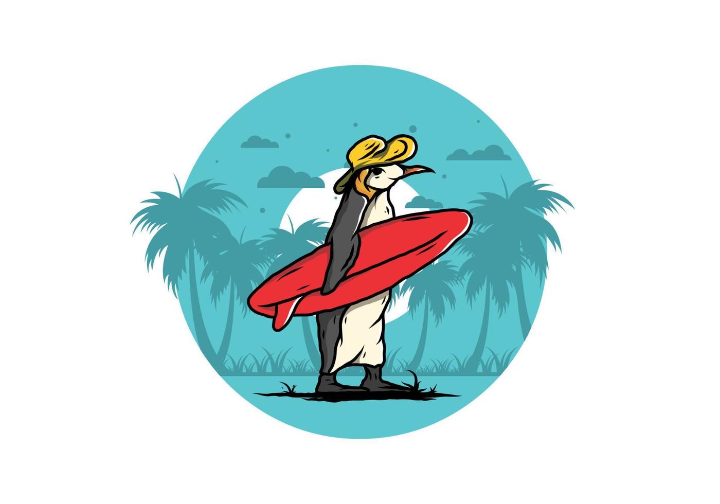 pingüino lindo que lleva una tabla de surf en la ilustración de la playa vector