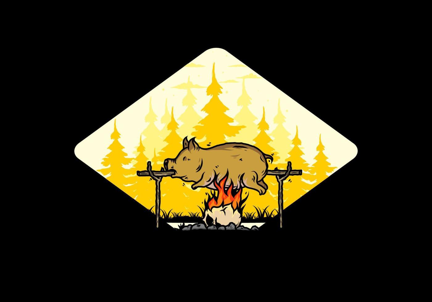 asado de cerdo en el fuego, diseño de ilustraciones vector