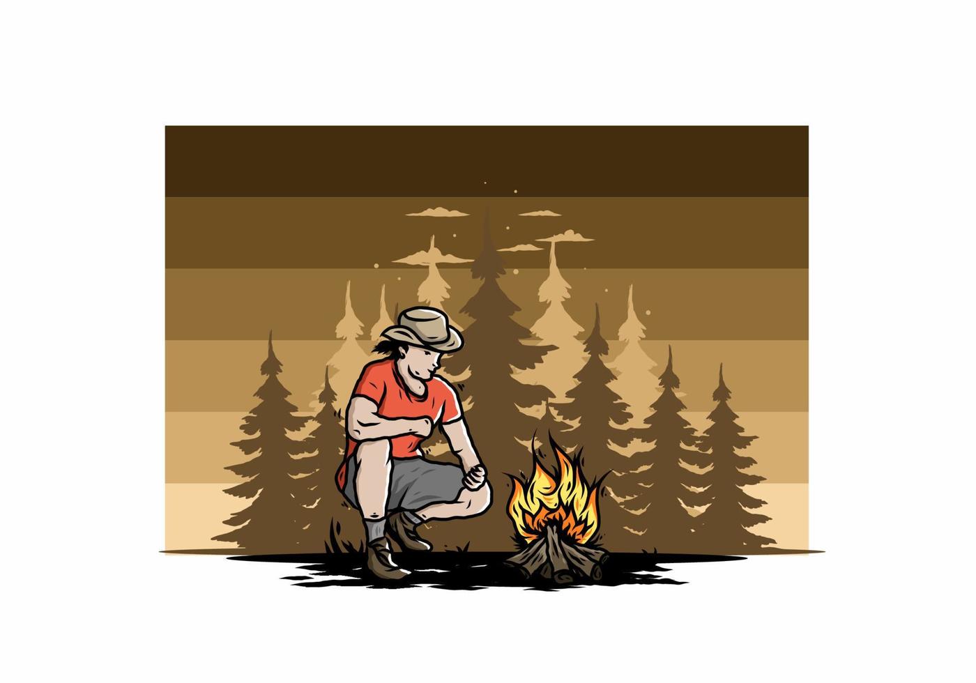 A man is lighting a bonfire illustration vector