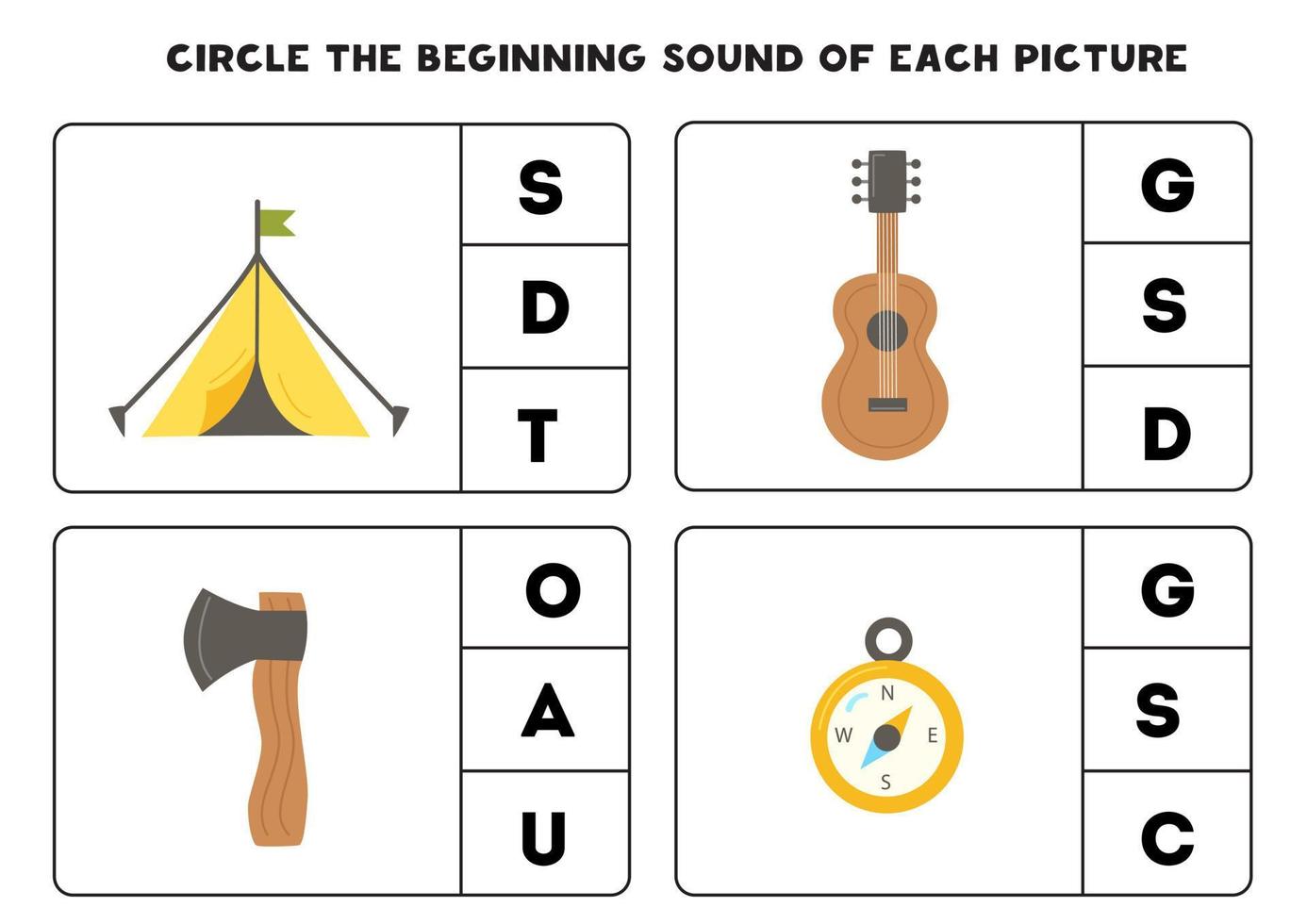 Worksheet for kids. Find the beginning sound of camping elements. vector