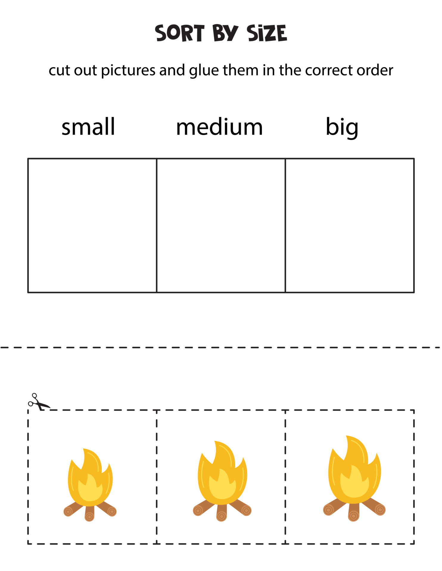 Sort campfires by size. Educational worksheet for kids. 8324214 Vector