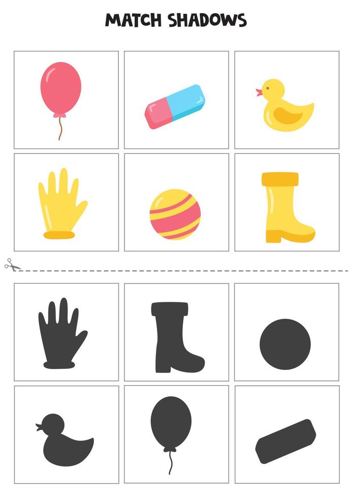 Find shadows of cartoon rubber items. Cards for kids. vector