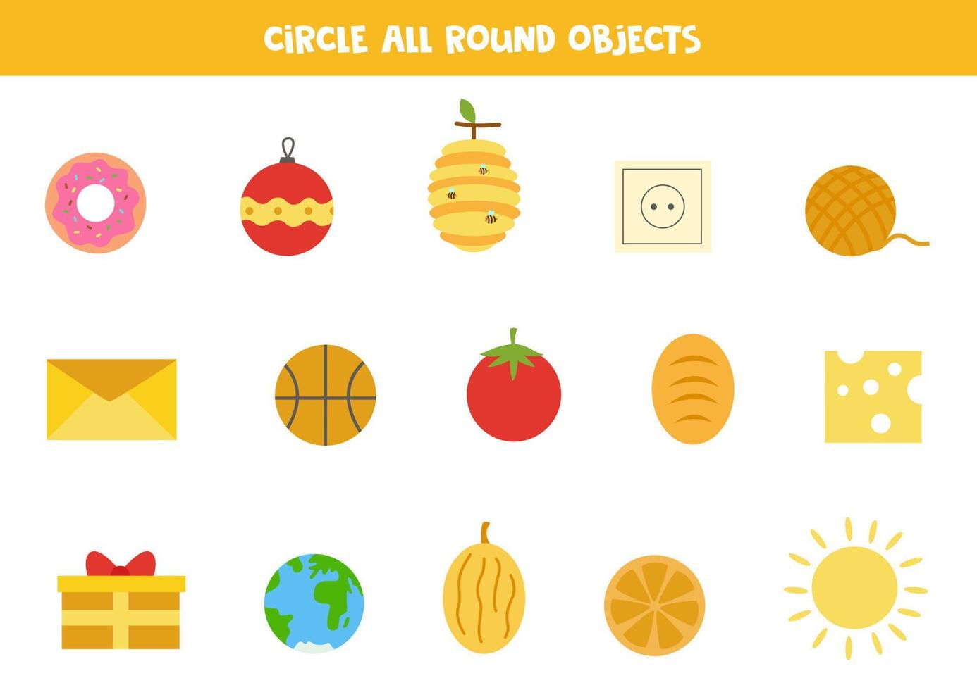 Find all round objects. Educational worksheet for children. vector