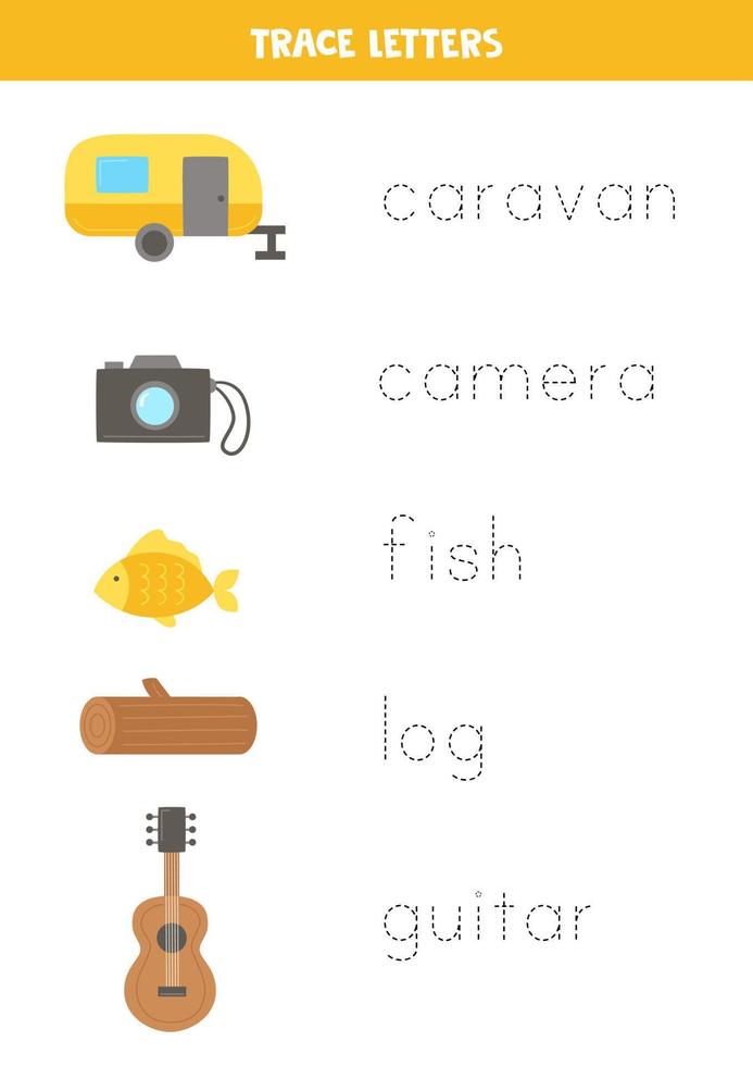 Tracing names of cute camping elements. Writing practice. vector