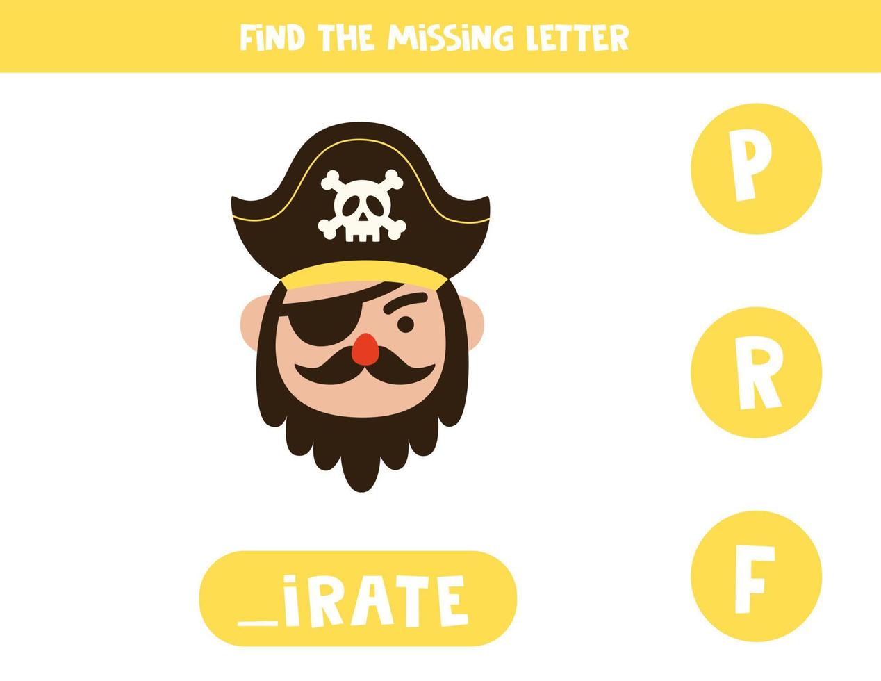 Find missing letter with cute pirate. Spelling worksheet. vector