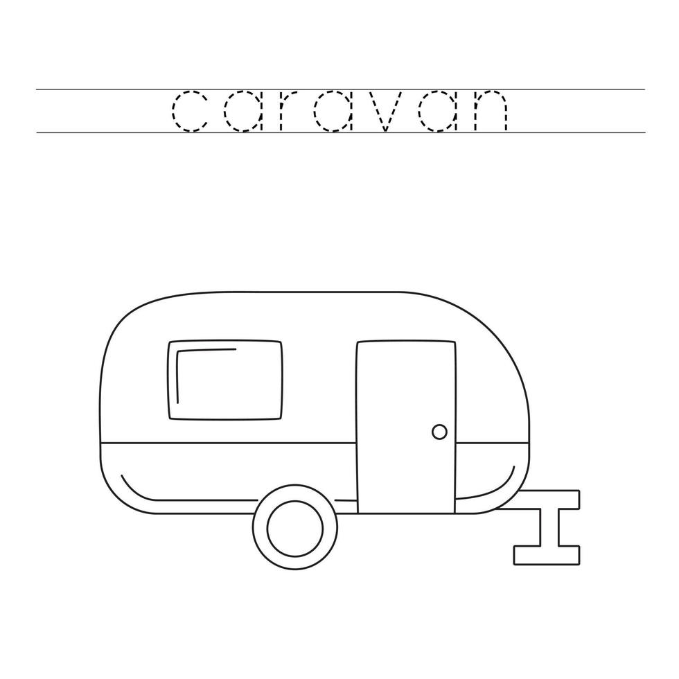 Trace the letters and color camping caravan. Handwriting practice for kids. vector