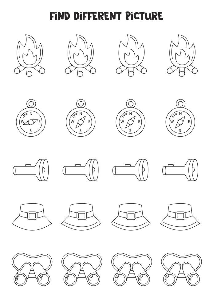 Find camping element which is different from others. Black and white worksheet for kids. vector