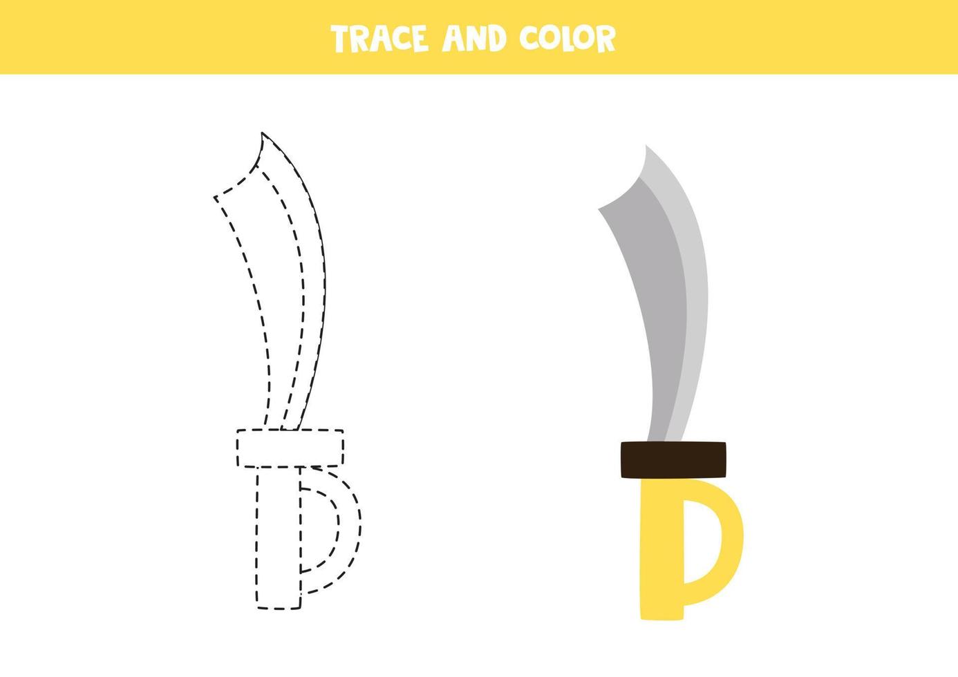 Trace and color iron sword. Worksheet for children. vector