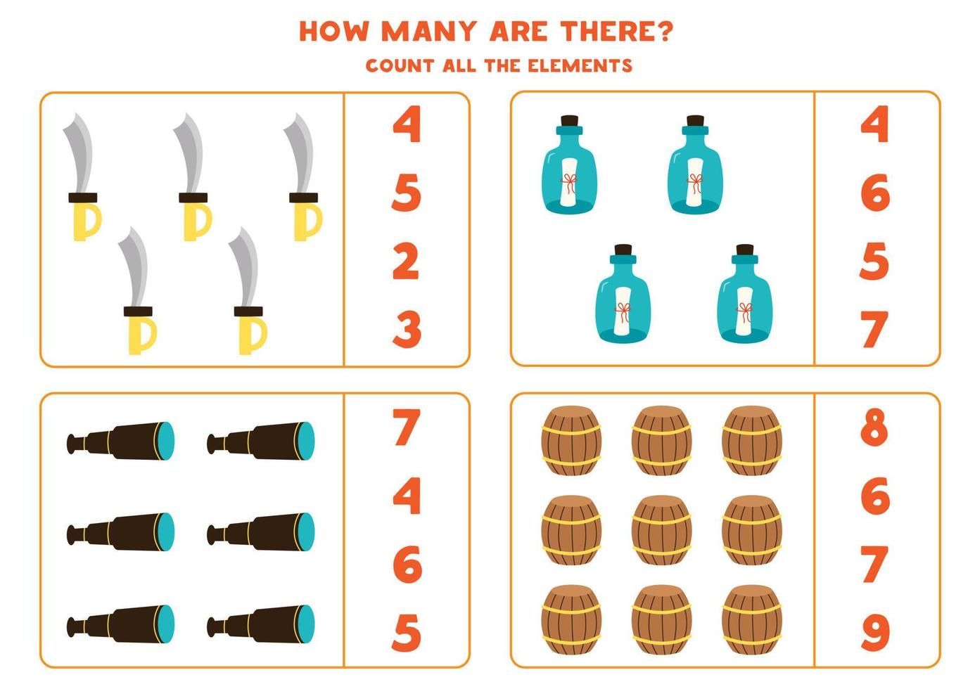 Counting game with cartoon pirate elements. Educational worksheet. vector