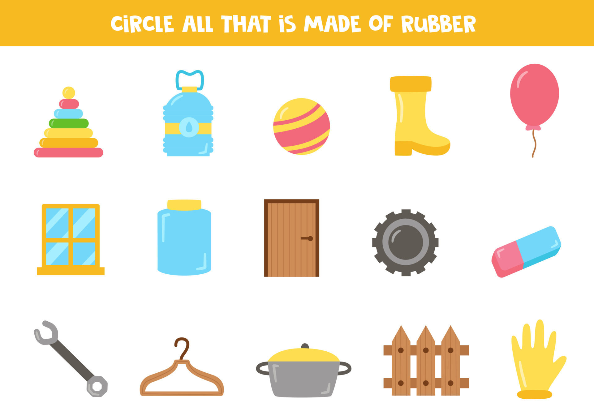 Find all rubber objects. Educational worksheet for children. 8324294