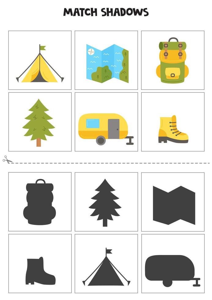 Find shadows of cartoon camping elements. Cards for kids. vector