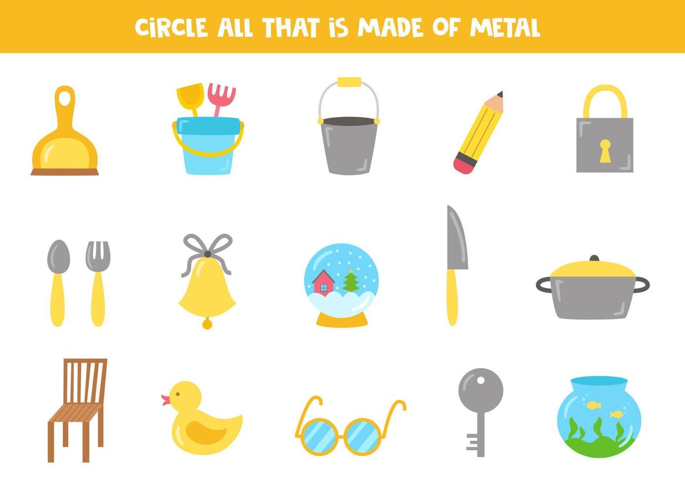 Find all metal objects. Educational worksheet for children. vector