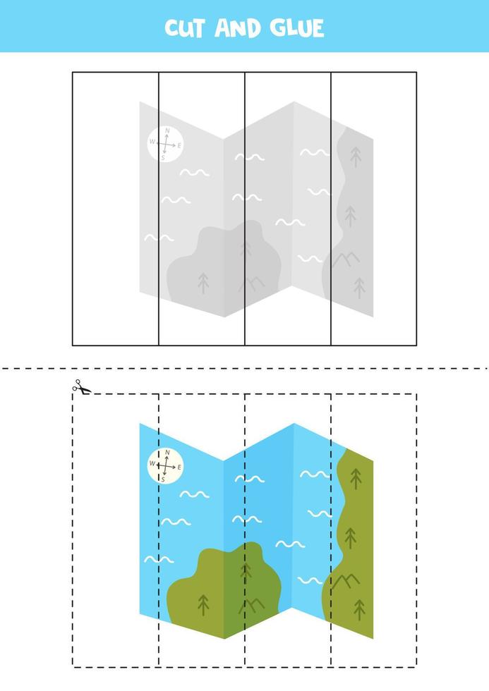Cut and glue game for kids with map. Cutting practice for preschoolers. vector
