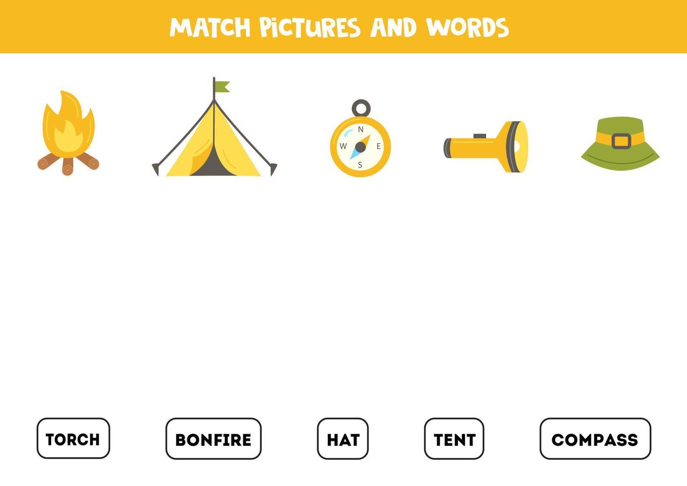 Matching game. Match camping elements with words. vector