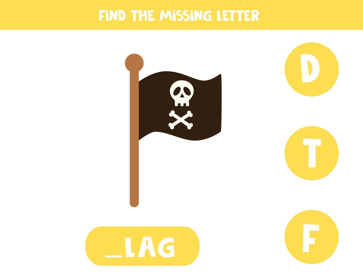 Find missing letter with pirate flag. Spelling worksheet. vector