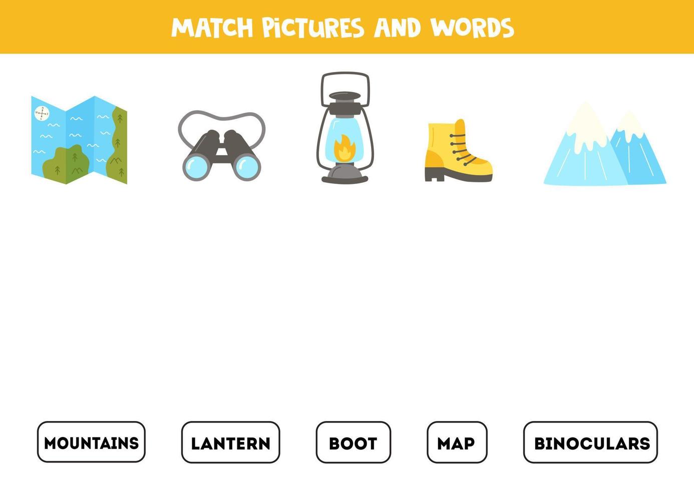 Matching game. Match camping elements with words. vector