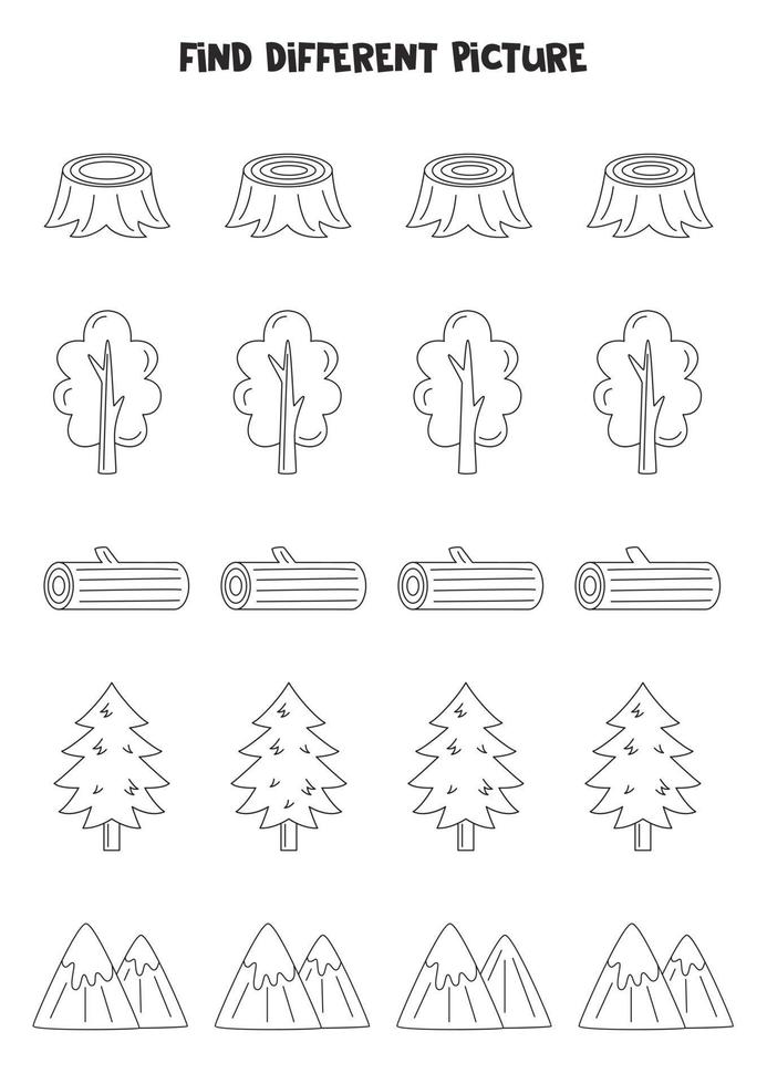 Find picture which is different from others. Black and white worksheet for kids. vector