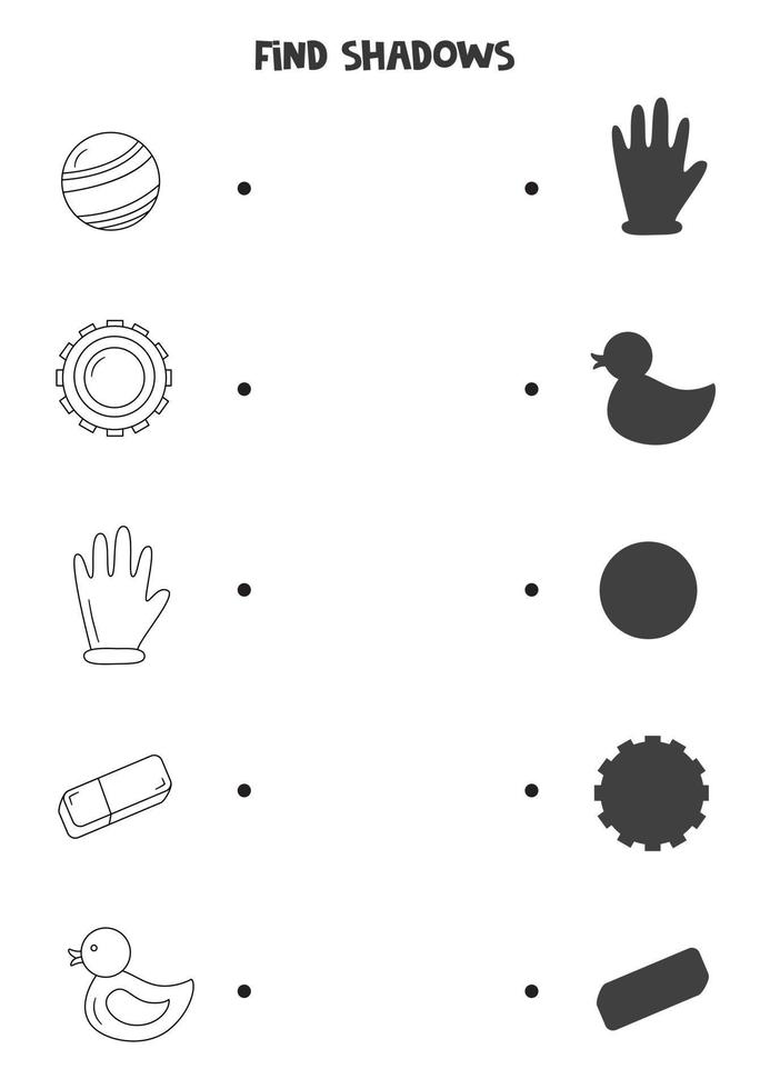 Find the correct shadows of black and white rubber elements. Logical puzzle for kids. vector