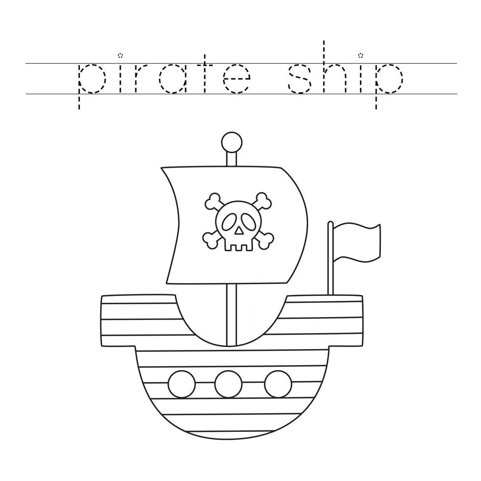 Trace the letters and color pirate ship. Handwriting practice for kids. vector