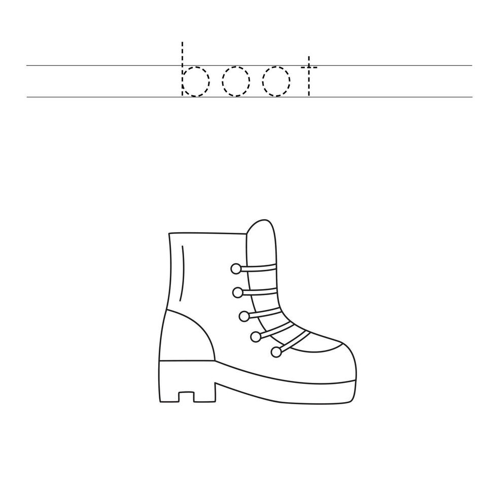 Trace the letters and color hiking boot. Handwriting practice for kids. vector