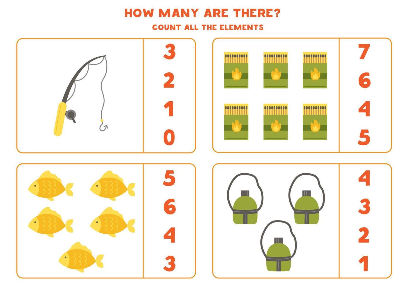 Counting game with cartoon camping elements. Educational worksheet. vector