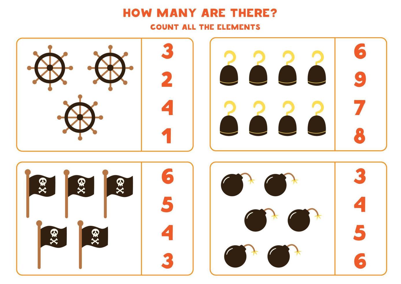 Counting game with cartoon pirate elements. Educational worksheet. vector