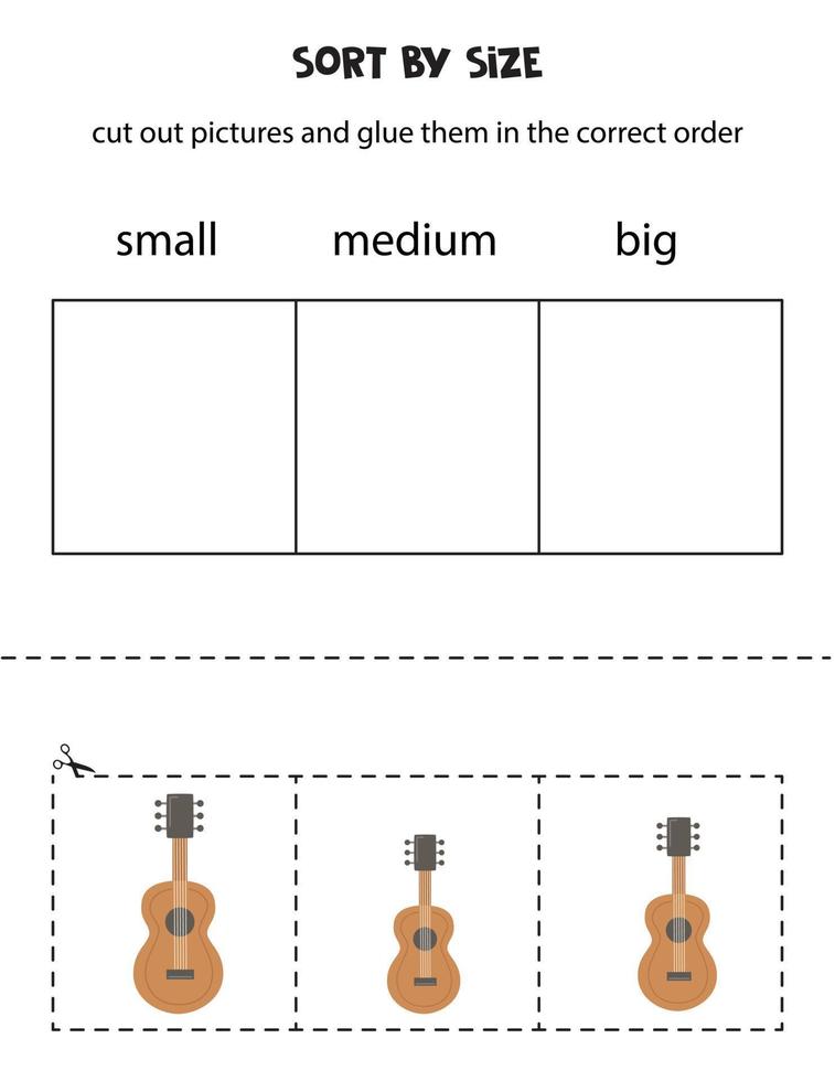 Sort wooden guitars by size. Educational worksheet for kids. vector