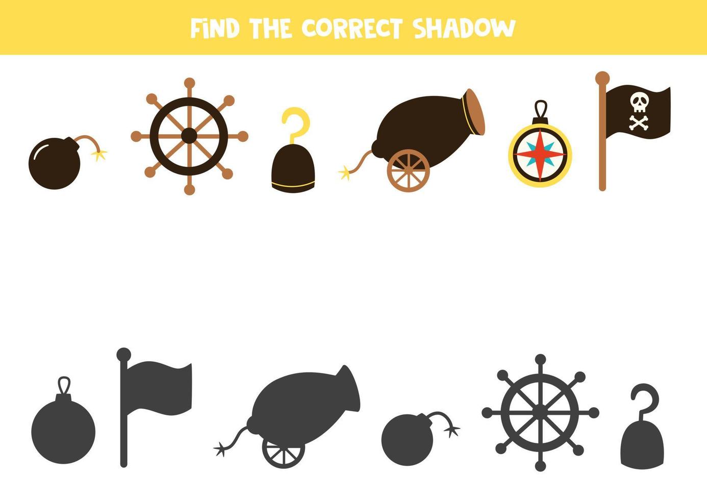 Find the correct shadows of pirate elements. Logical puzzle for kids. vector