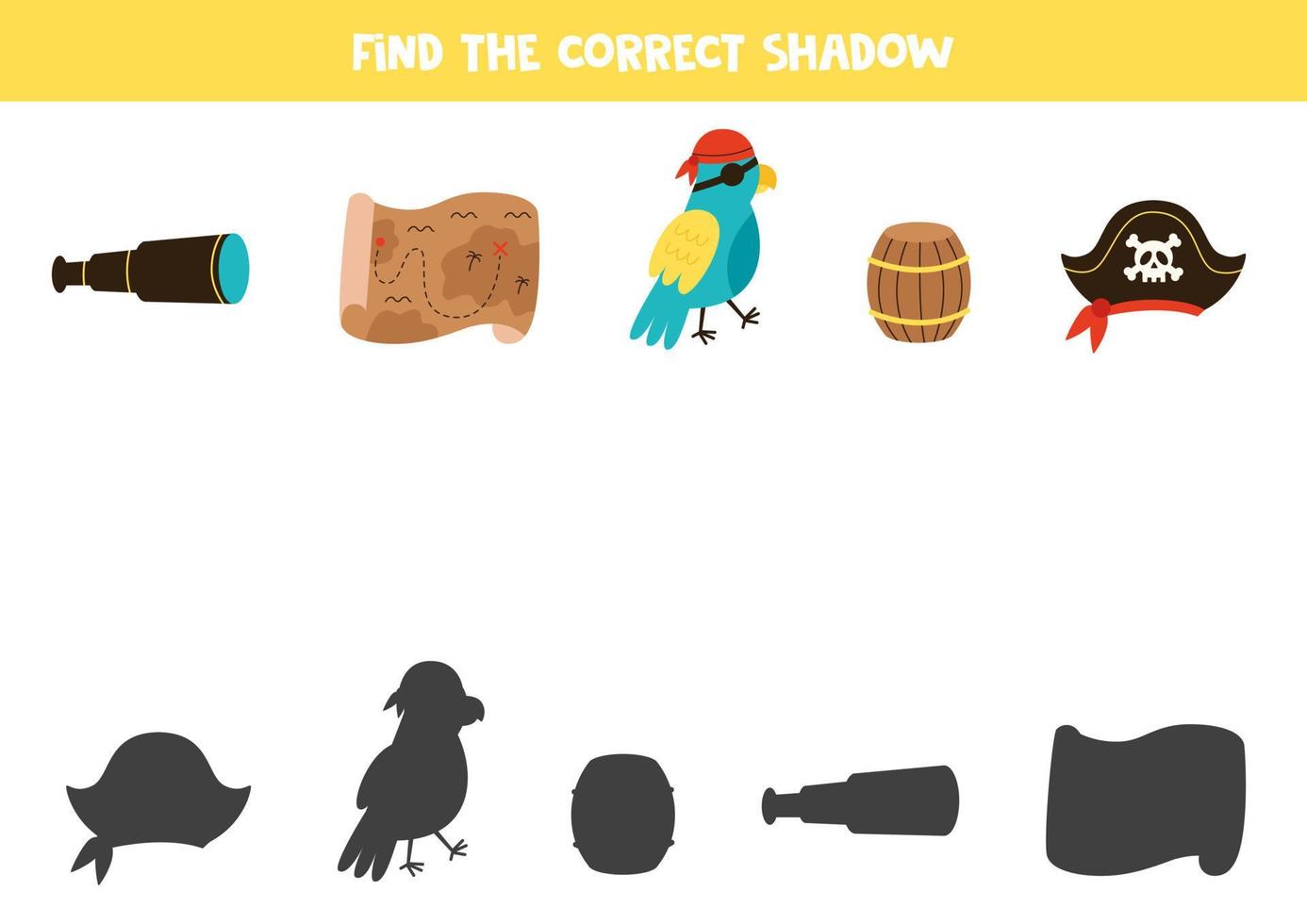 Find the correct shadows of pirate elements. Logical puzzle for kids. vector