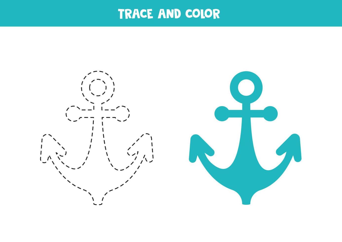 Trace and color cartoon anchor. Worksheet for children. vector